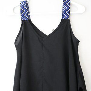 Sheer Black Flowing Crop Top with Pop of Blue Geometric Straps | Bella D